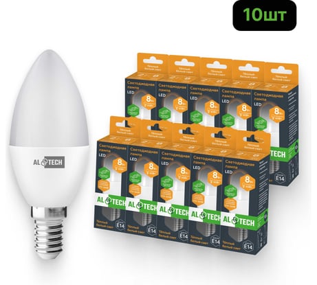 Лампочка светодиодная ALTECH LED С35-8W-830-E14 8Вт свеча теплый белый свет 10шт 4673758071156