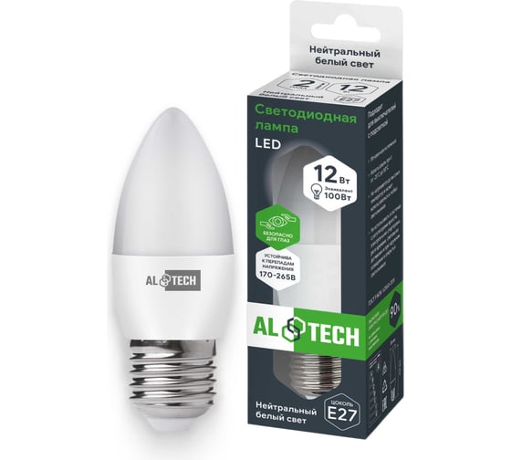 Лампочка светодиодная ALTECH LED С35-12W-840-E27 12Вт свеча нейтральный белый свет 4673758070135 33151410