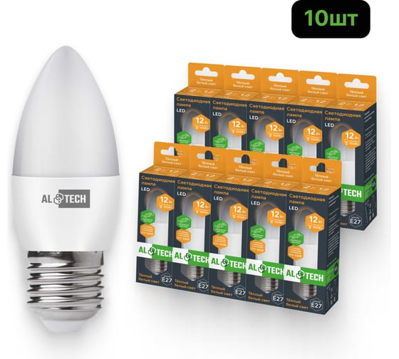 Лампочка светодиодная ALTECH LED С35-12W-830-E27 12Вт свеча теплый белый свет 10шт 4673758071255