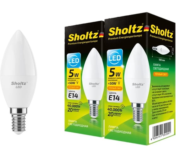 Комплект из 2 светодиодных ламп Sholtz свеча 5Вт E14 2700К C37 220-240В, пластик LEC3020D