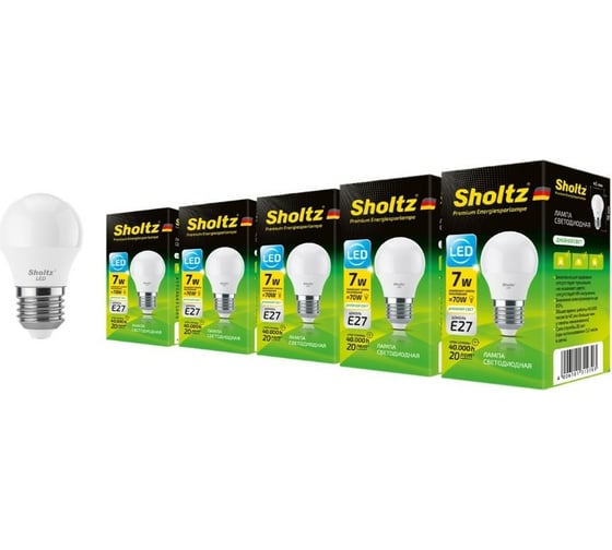 Комплект из 5 светодиодных ламп Sholtz шар 7Вт E27 4200К G45 220-240В пластик LEB3127P