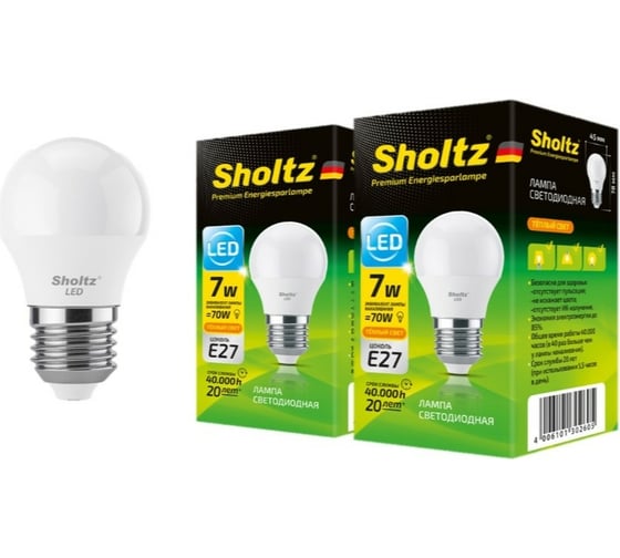 Комплект из 2 светодиодных ламп Sholtz шар 7Вт E27 2700К G45 220-240В пластик LEB3026D