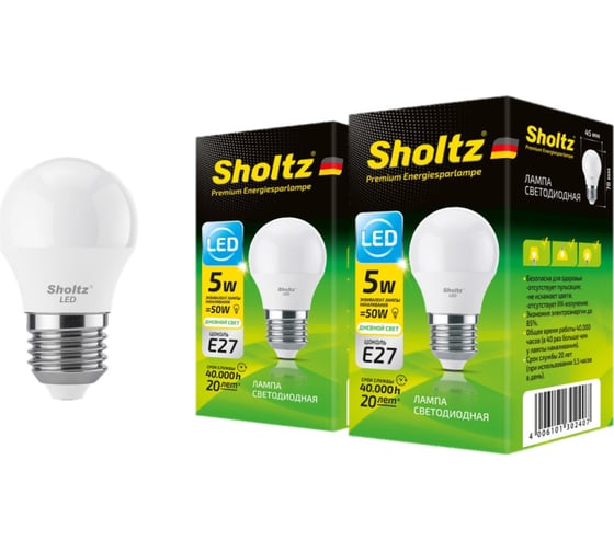 Комплект из 2 светодиодных ламп Sholtz шар 5Вт E27 4200К G45 220-240В пластик LEB3024D 1
