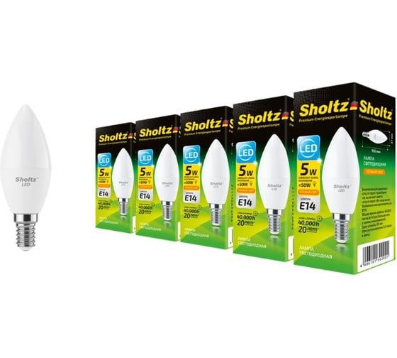 Комплект из 5 светодиодных ламп Sholtz свеча 5Вт E14 2700К C37 220-240В, пластик LEC3020P