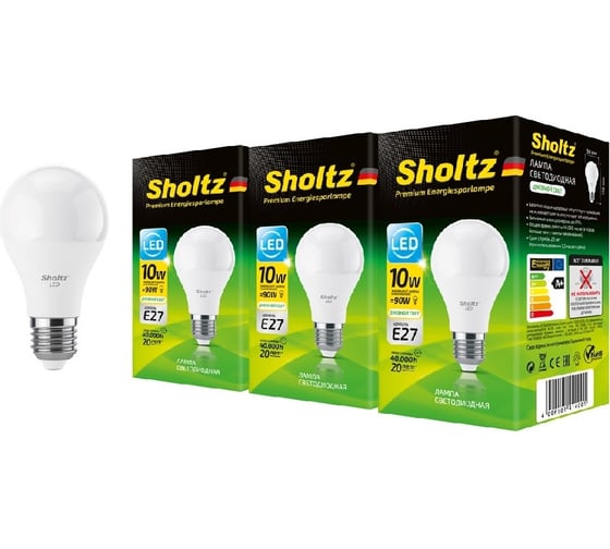 Комплект из 3 светодиодных ламп Sholtz груша 10Вт E27 4200К А60 175-265В пластик LOB4140T 1