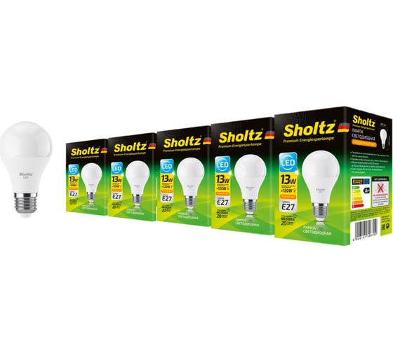 Комплект из 5 светодиодных ламп Sholtz груша 13Вт E27 2700К А60 220-240В, пластик LEB3067P