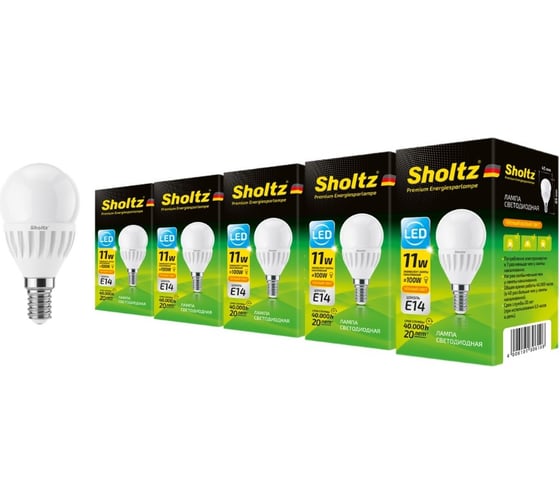 Комплект из 5 светодиодных ламп Sholtz шар 11Вт E14 2700К G45 175-265В, керамика + пластик LEB3061P