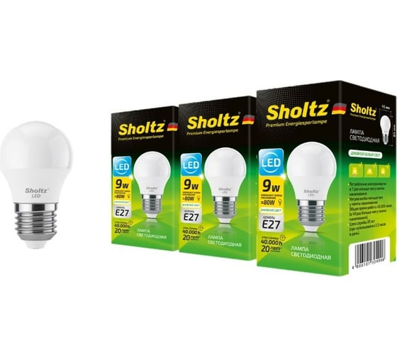 Комплект из 3 светодиодных ламп Sholtz шар 9Вт E27 4200К G45 220-240В, пластик LEB3049T