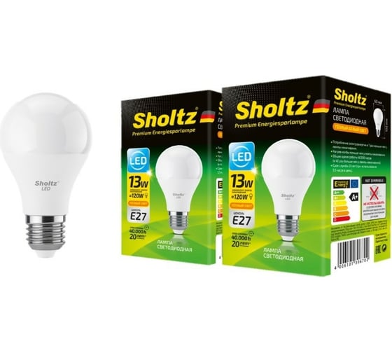 Комплект из 2 светодиодных ламп Sholtz груша 13Вт E27 2700К А60 220-240В, пластик LEB3067D