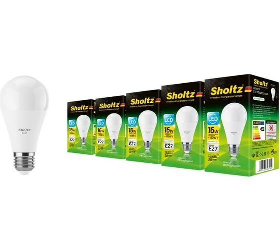 Комплект из 5 светодиодных ламп Sholtz груша 16Вт E27 4200К А60 175-265В, пластик LEB3071P