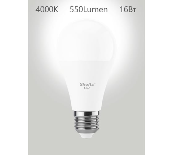 Комплект из 5 светодиодных ламп Sholtz груша 16Вт E27 4200К А60 175-265В, пластик LEB3071P