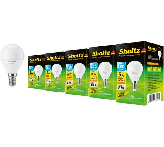 Комплект из 5 светодиодных ламп Sholtz шар 5Вт E14 2700К G45 220-240В, пластик LEB3051P