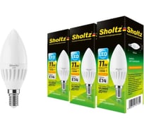 Комплект из 3 светодиодных ламп Sholtz свеча 11Вт E14 2700К C37 220-240В керамика + пластик LEC3173T
