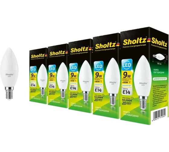 Комплект из 5 светодиодных ламп Sholtz свеча 9Вт E14 4000К 220В пластик LEC3128P