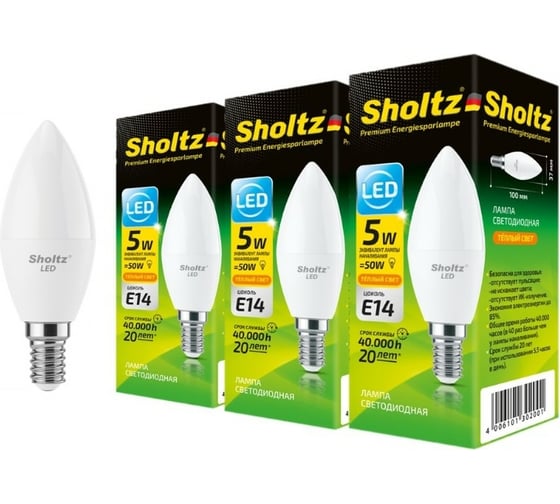 Комплект из 3 светодиодных ламп Sholtz свеча 5Вт E14 3000K 220В пластик LEC3020T