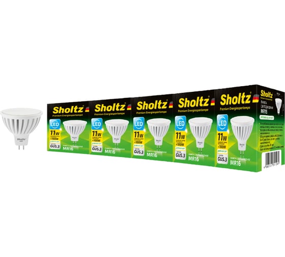 Комплект из 5 светодиодных ламп Sholtz MR16 11Вт GU5.3 4000K 220В керамика LMR3112P
