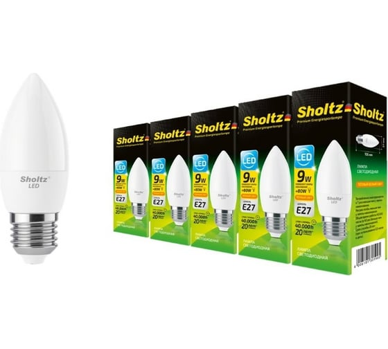 Комплект из 5 светодиодных ламп Sholtz свеча 9Вт E27 2700К 220В пластик LEC3019P