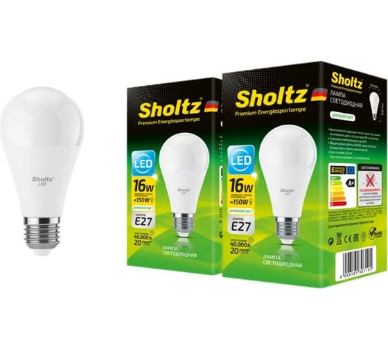 Комплект из 2 светодиодных ламп Sholtz A60 16Вт E27 4200К 220В пластик LEB3071D