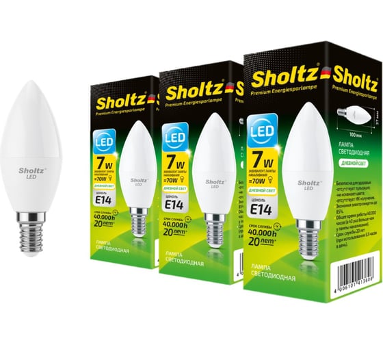 Комплект из 3 светодиодных ламп Sholtz свеча 7Вт E14 4200К 220В пластик LOC4136T 1