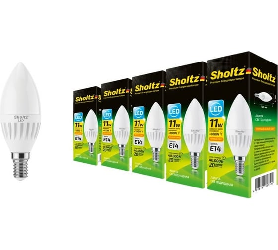 Комплект из 5 светодиодных ламп Sholtz свеча 11Вт E14 2700К 220В керамика LEC3173P 1