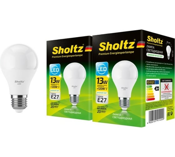 Комплект из 2 светодиодных ламп Sholtz груша 13Вт E27 4200К А60 175-265В пластик LOB4142D 1