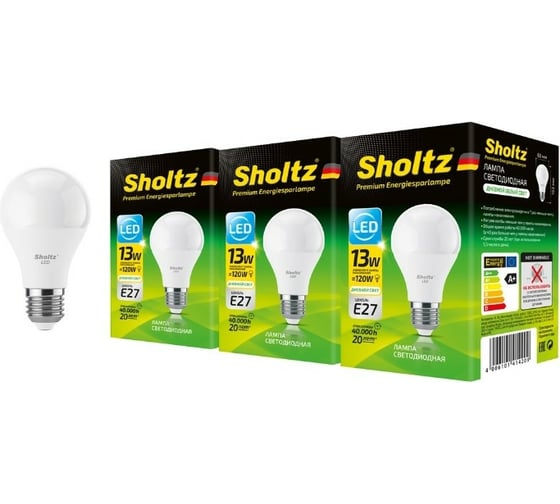 Комплект из 3 светодиодных ламп Sholtz груша 13Вт E27 4200К А60 175-265В пластик LOB4142T