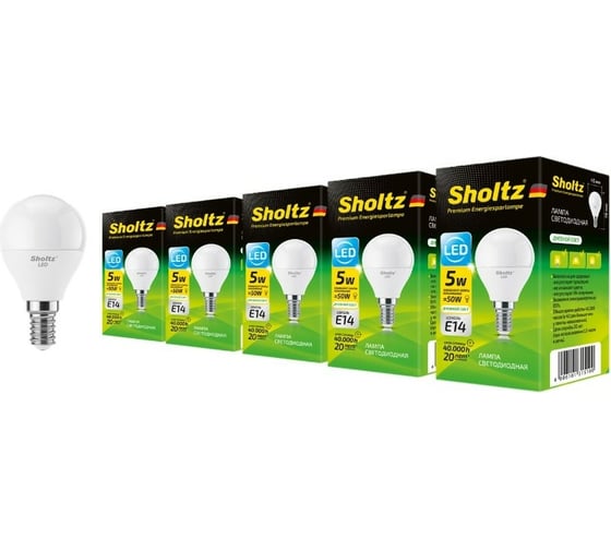 Комплект из 5 светодиодных ламп Sholtz шар 5Вт E14 4200К G45 220-240В, пластик LEB3151P
