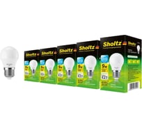 Комплект из 5 светодиодных ламп Sholtz шар 9Вт E27 4200К G45 220-240В, пластик LEB3049P
