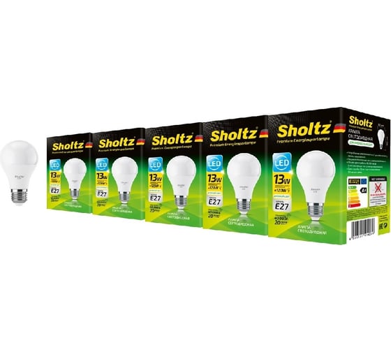 Комплект из 5 светодиодных ламп Sholtz груша 13Вт E27 4200К А60 175-265В пластик LOB4142P 1