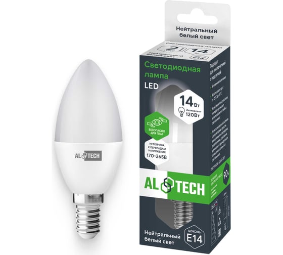 Лампочка светодиодная ALTECH LED С35-14W-840-E14 14Вт свеча нейтральный свет 4673758070159
