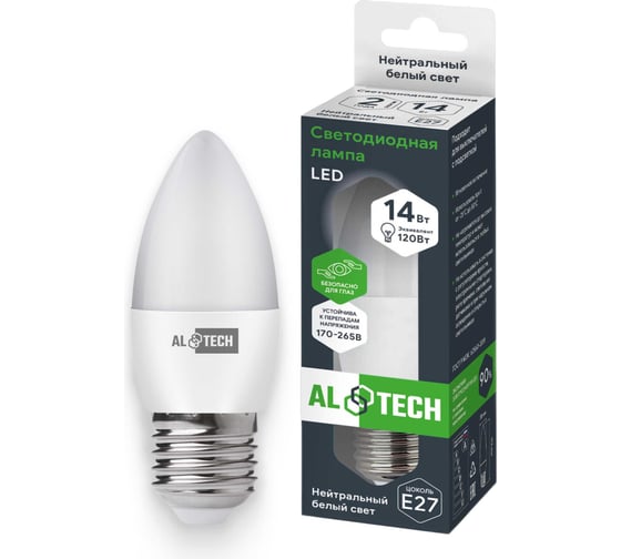 Лампочка светодиодная ALTECH LED С35-14W-840-E27 14Вт свеча нейтральный свет 10шт 4673758071309 1