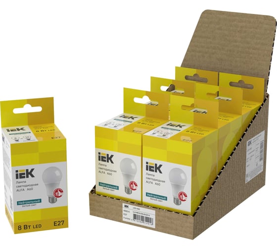 Лампа IEK LED ALFA A60 груша 8Вт 230В 4000К E27 (6шт/упак) LLA-A60-8-230-40-E27-6 1