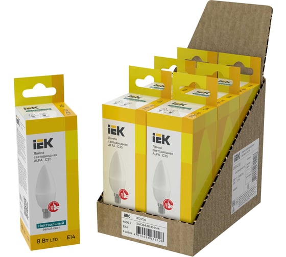Лампа IEK LED ALFA C35 свеча 8Вт 230В 4000К E14 (6шт/упак) LLA-C35-8-230-40-E14-6
