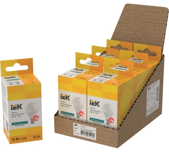 Лампа IEK LED ALFA G45 шар 8Вт 230В 4000К E14 (6шт/упак) LLA-G45-8-230-40-E14-6