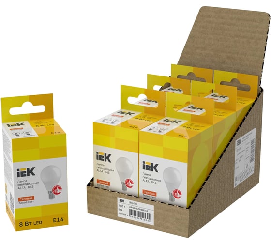 Лампа IEK LED ALFA G45 шар 8Вт 230В 3000К E14 (6шт/упак) LLA-G45-8-230-30-E14-6