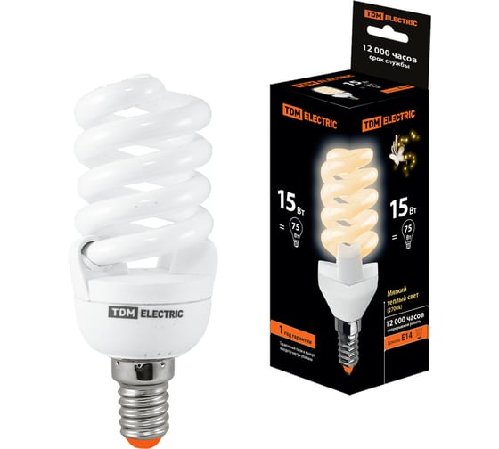 Лампа TDM ELECTRIC, энергосберегающая, КЛЛ, FSТ2, 15 Вт, 2700 К, Е14 SQ 0323-0055 1