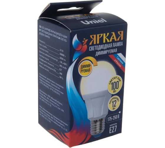 Лампа Uniel LED-A60, 12W/3000K/E27/FR/DIM, PLP01WH, светодиодная, диммируемая UL-00004290