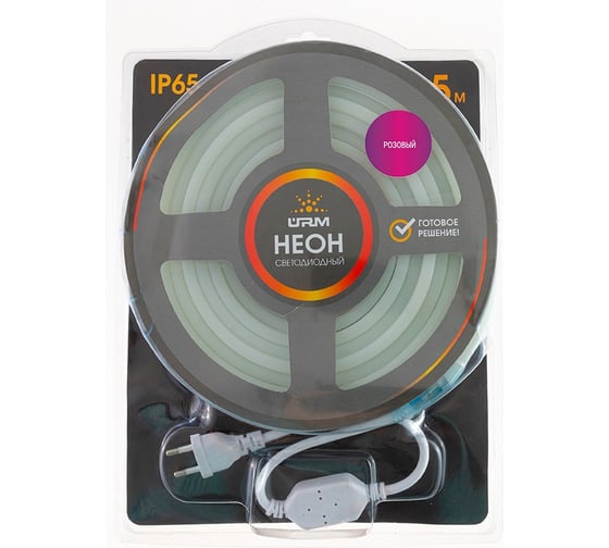 Гибкий неон URM 2835-120led, IP65, pink, 220V, 10W, 425LM, 5м С26030
