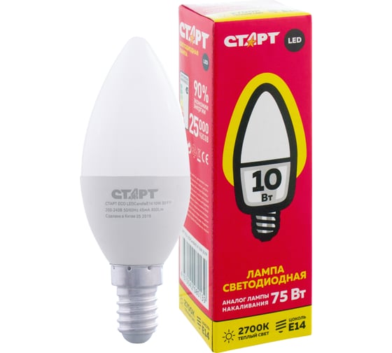 Светодиодная лампа СТАРТ в колбе лон теплый свет FP ECO LEDCandleE14 10W 30 FP