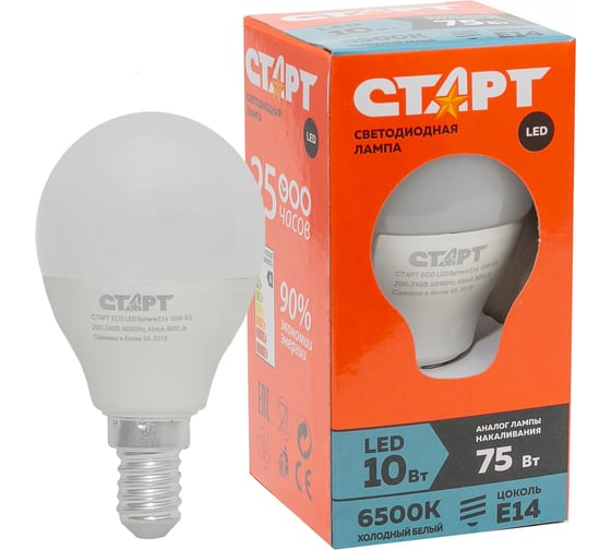 Светодиодная лампа СТАРТ в колбе шар ECO LEDSphereE14 10W 65