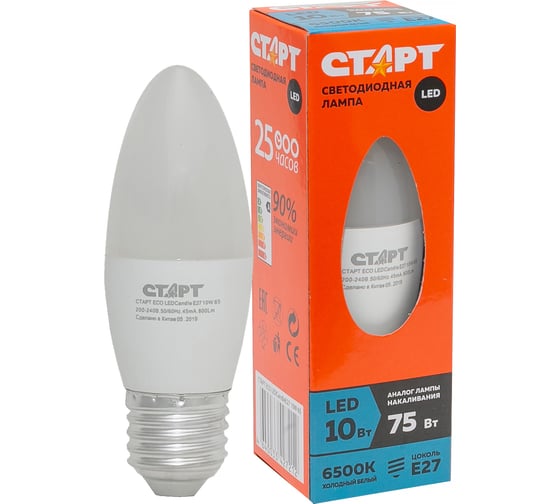 Светодиодная лампа СТАРТ в колбе свеча ECO LEDCandleE27 10W 65