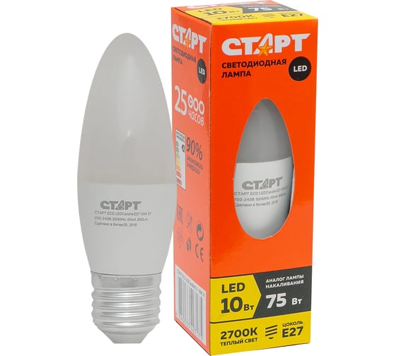 Светодиодная лампа СТАРТ в колбе свеча ECO LEDCandleE27 10W 27