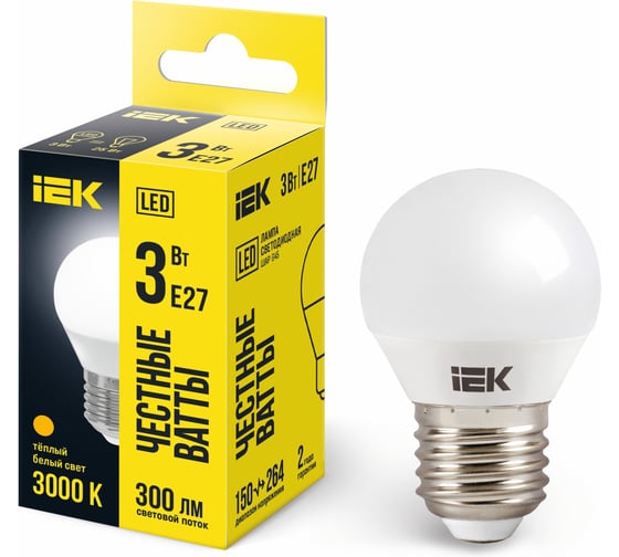 Светодиодная лампа IEK ECO G45 шар 3Вт 230В 3000К E27 LLE-G45-3-230-30-E27
