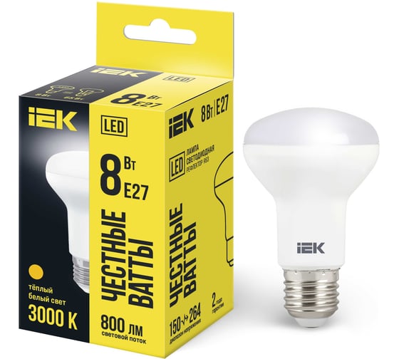 Светодиодная лампа IEK ECO R63 рефлектор 8Вт 230В 3000К E27 LLE-R63-8-230-30-E27