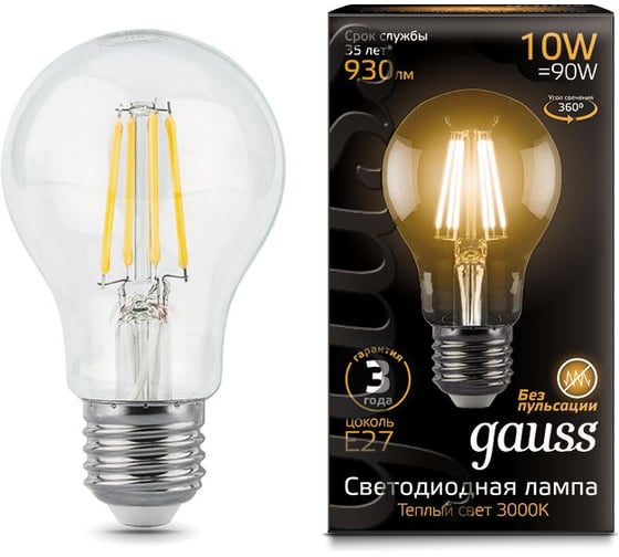Лампа Gauss LED Filament A60 E27 10W 930lm 2700К 1/10/40 102802110 1