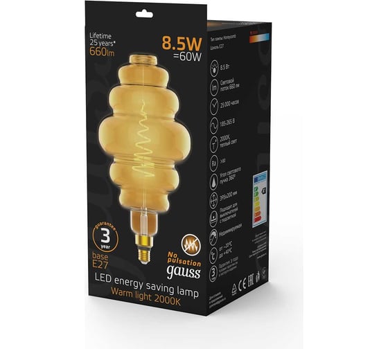 Лампа Gauss LED Filament Honeycomb E27 8.5W Amber 660lm 2000K 1/2 161802105