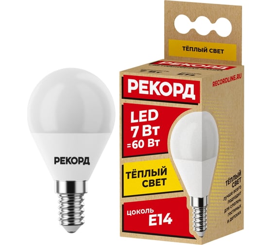 Светодиодная лампа РЕКОРД LED P45 7W Е14 3000К 23883 1