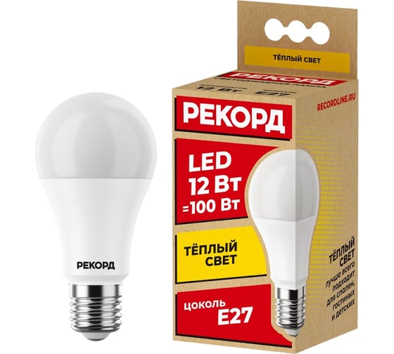 Светодиодная лампа РЕКОРД LED А60 12W Е27 3000К 23877 1