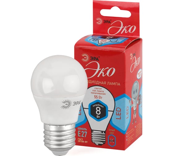 Лампочка светодиодная ЭРА RED LINE ECO LED P458W840E27 Е27 / E27 8Вт шар нейтральный белый свет Б0030025