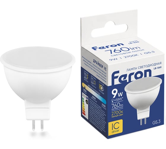 Лампа светодиодная FERON диммируемая LB-561 MR16 G5.3 9W 230V 6400K, 51072